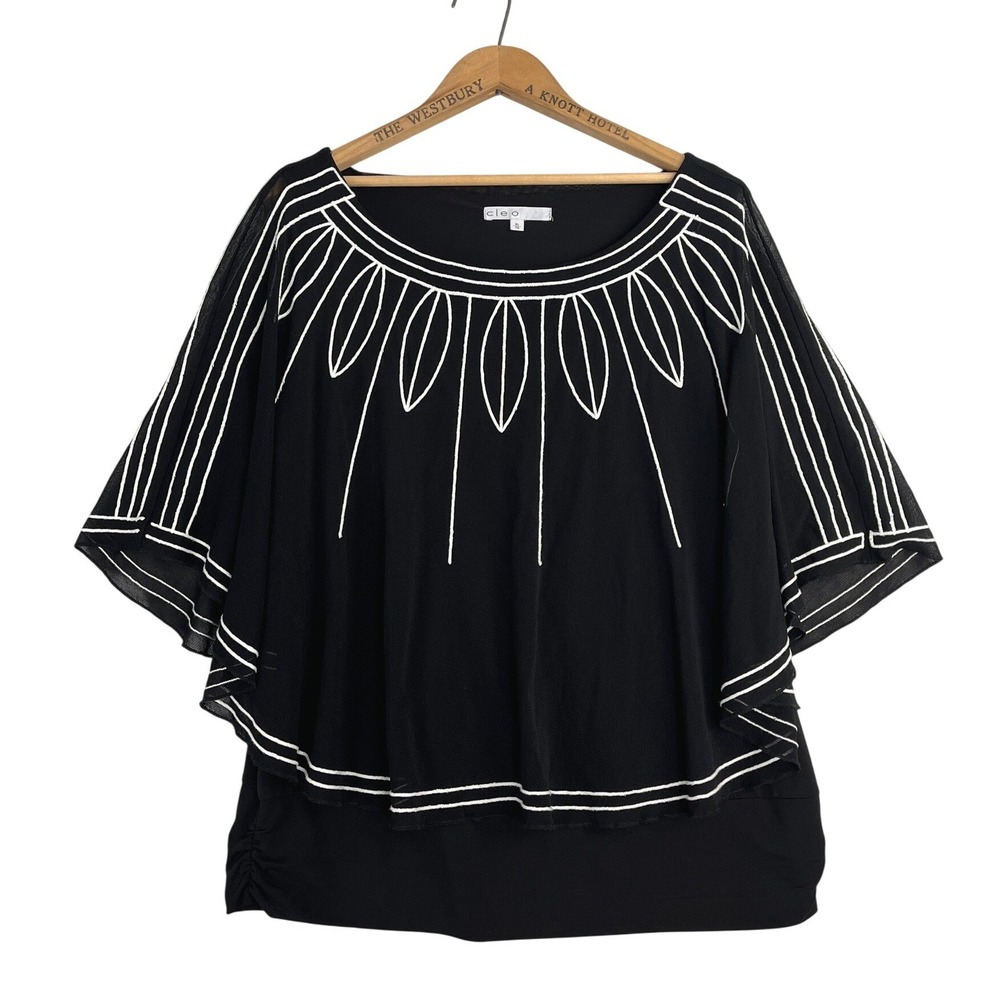 Cleo Women Black White Embroidered Cape Poncho Layered Top XL Ruched Side